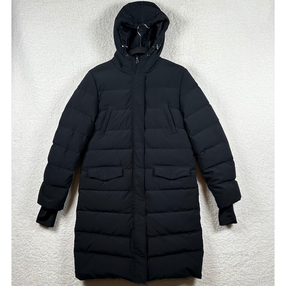 Giordano Womens Black Longline Down Puffer Jacket Hooded Parka Size L 165/84A